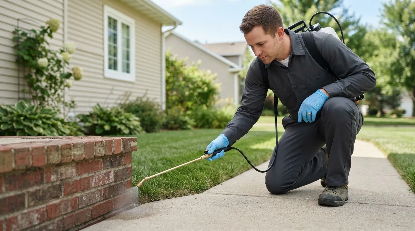 Pest control technician treating a home near Middlebury, IN