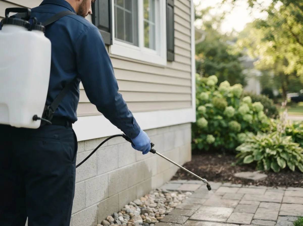 Pest control technician inspecting a home in Middlebury, IN